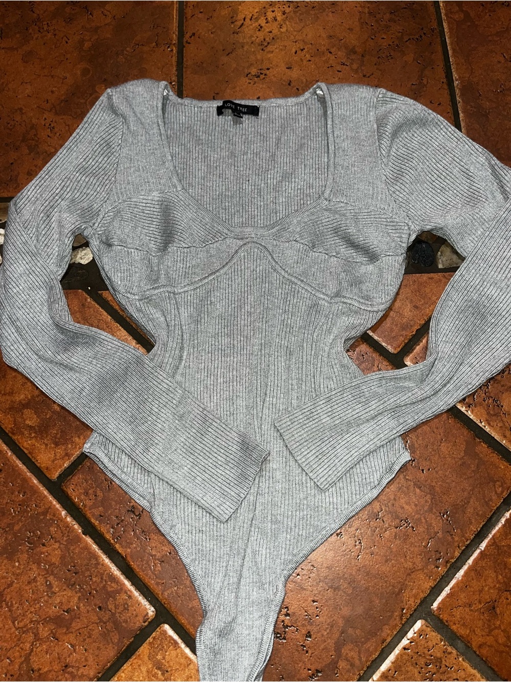 Love Tree Gray Ribbed V-Neck Long-Sleeve Bodysuit Sweater